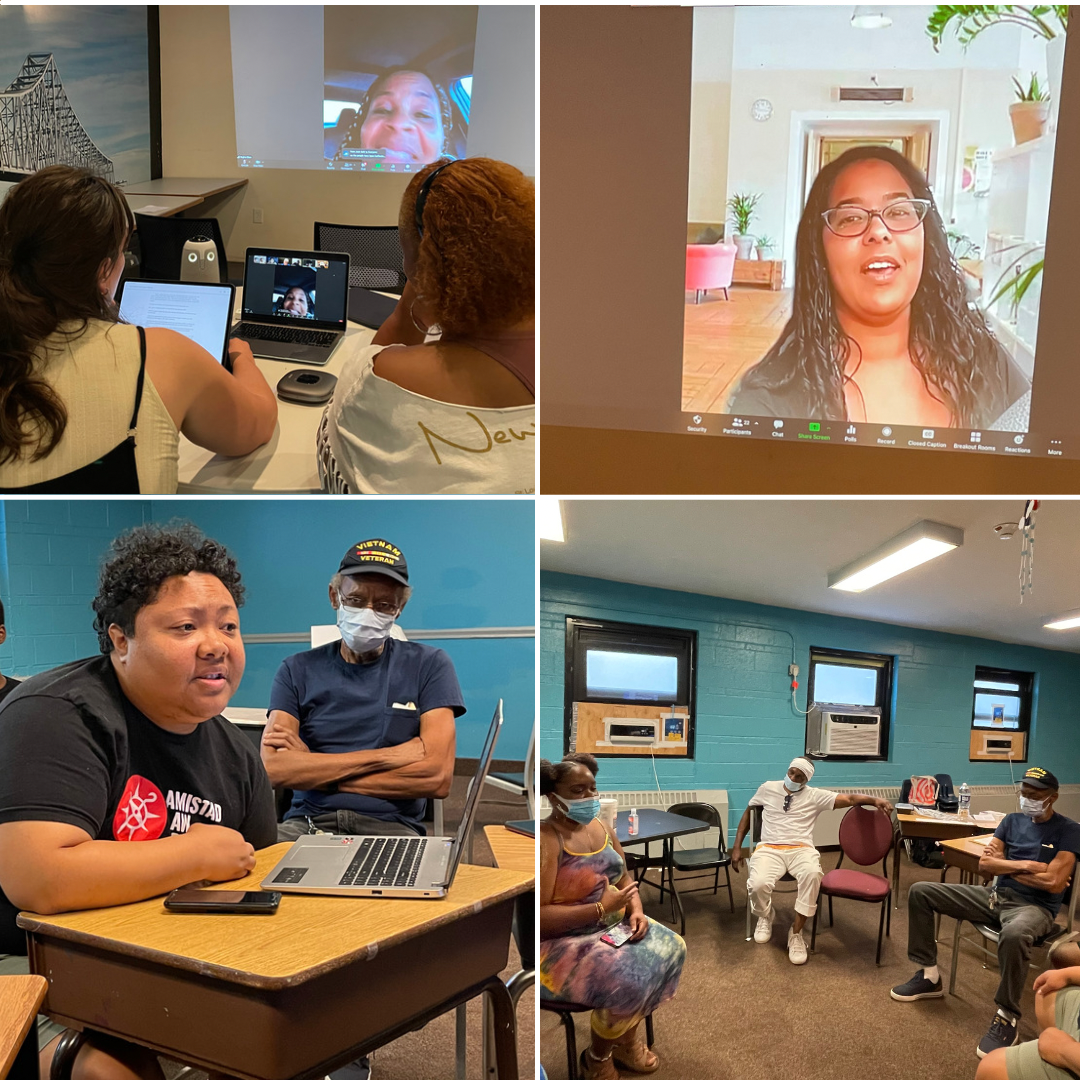 A collage of four images shows various participants at the Free Them to Heal Us hybrid meetings. In several frames members interact in really life where in the other two frames of the collage you can see online participants of the meeting. 