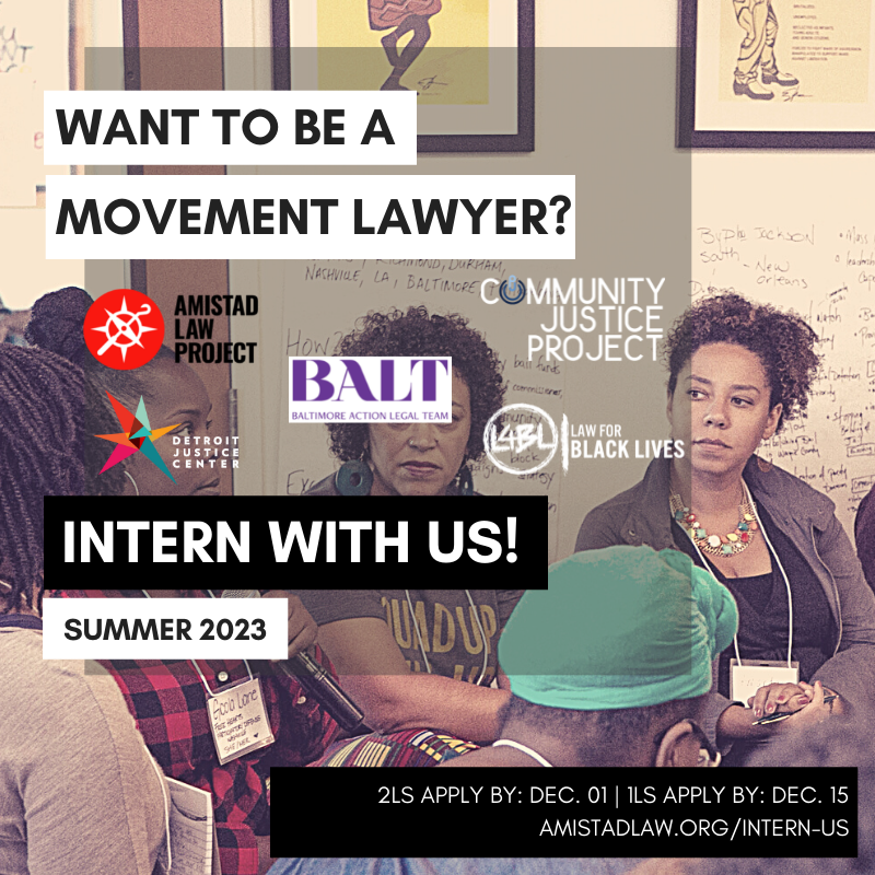 Text: "Want to be a movement lawyer? Intern with us!" Background is Black femme presenting lawyers speaking at a conference