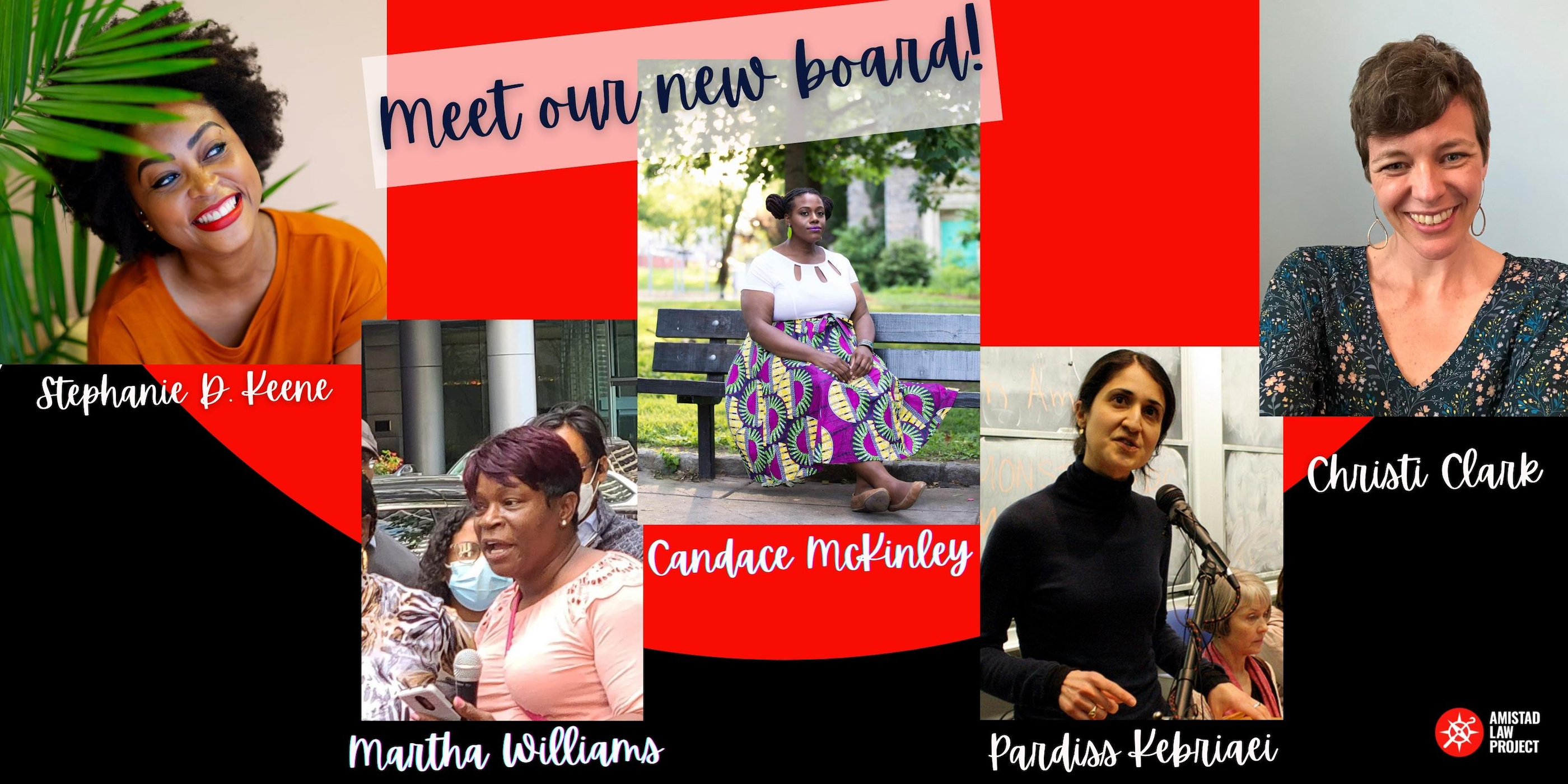 A collage on a red and black background shows the five Board members of Amistad along with their names