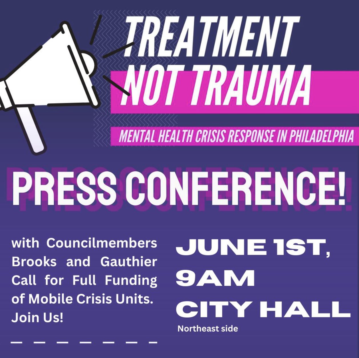 A flyer gives the date and time of the Treatment Not Trauma press conference. 