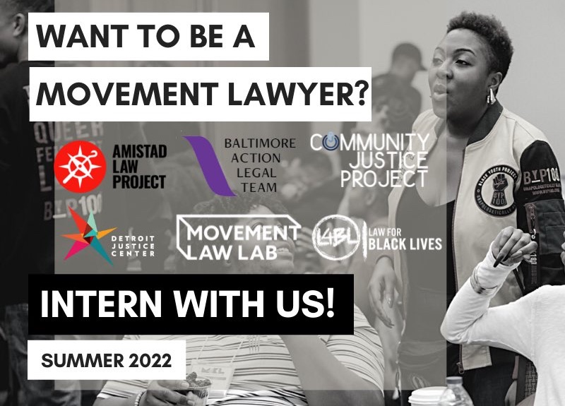 graphic reads 'Want to Be a Movement Lawyer' and displays the logos of Detroit Justice Center, Movement Law Lab, Law for Black Lives and others