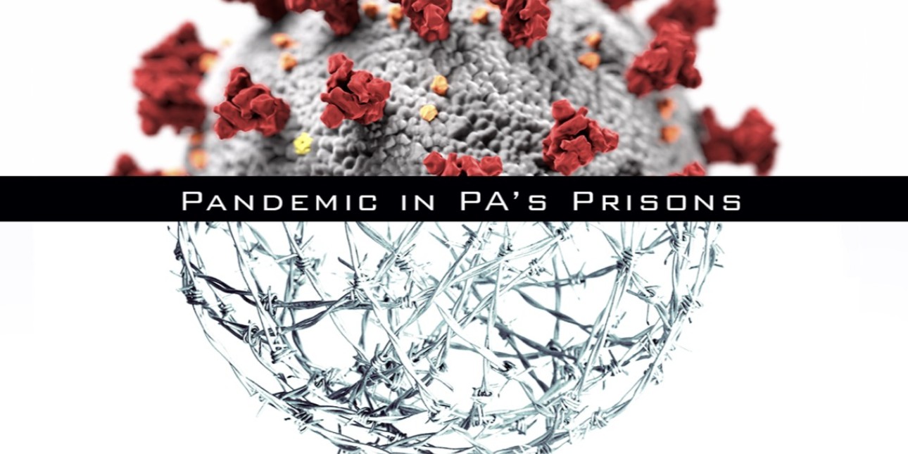 The front page of a report reads 'Pandemic in PA's Prisons' and has the logos of Amistad Law Project and Drexel University's Thomas R. Kline School of Law