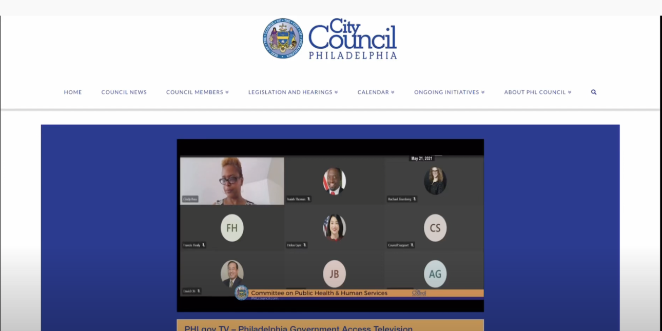 A screenshot of city council shows member of council at a zoom public hearing of the Committee on Public Health and Human Services