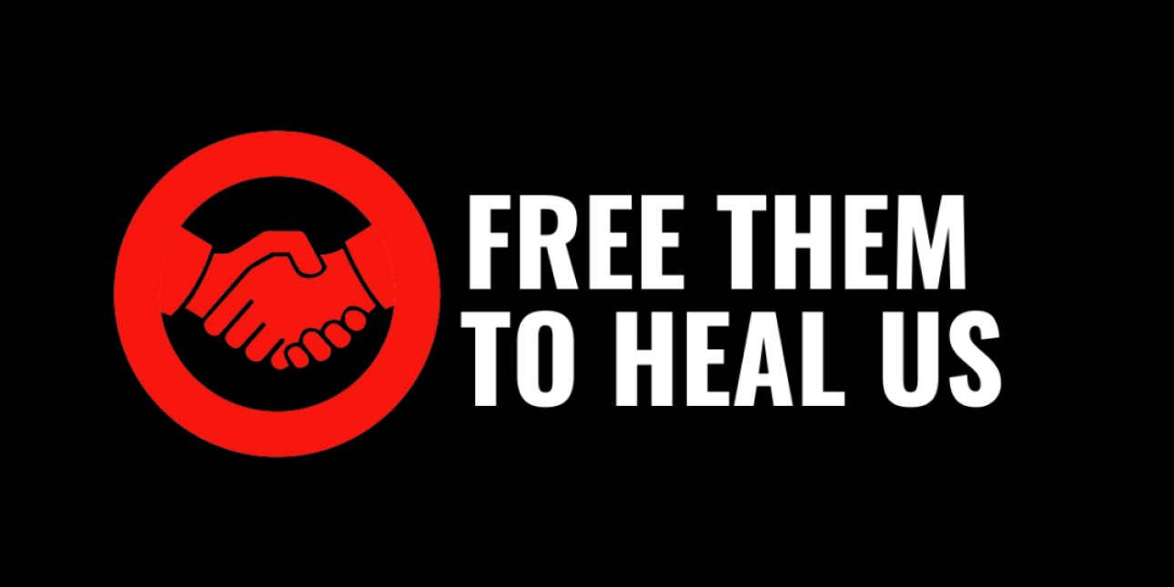 Free Them to Heal Us logo shows two red hands shaking and the text free them to heal us in bold 