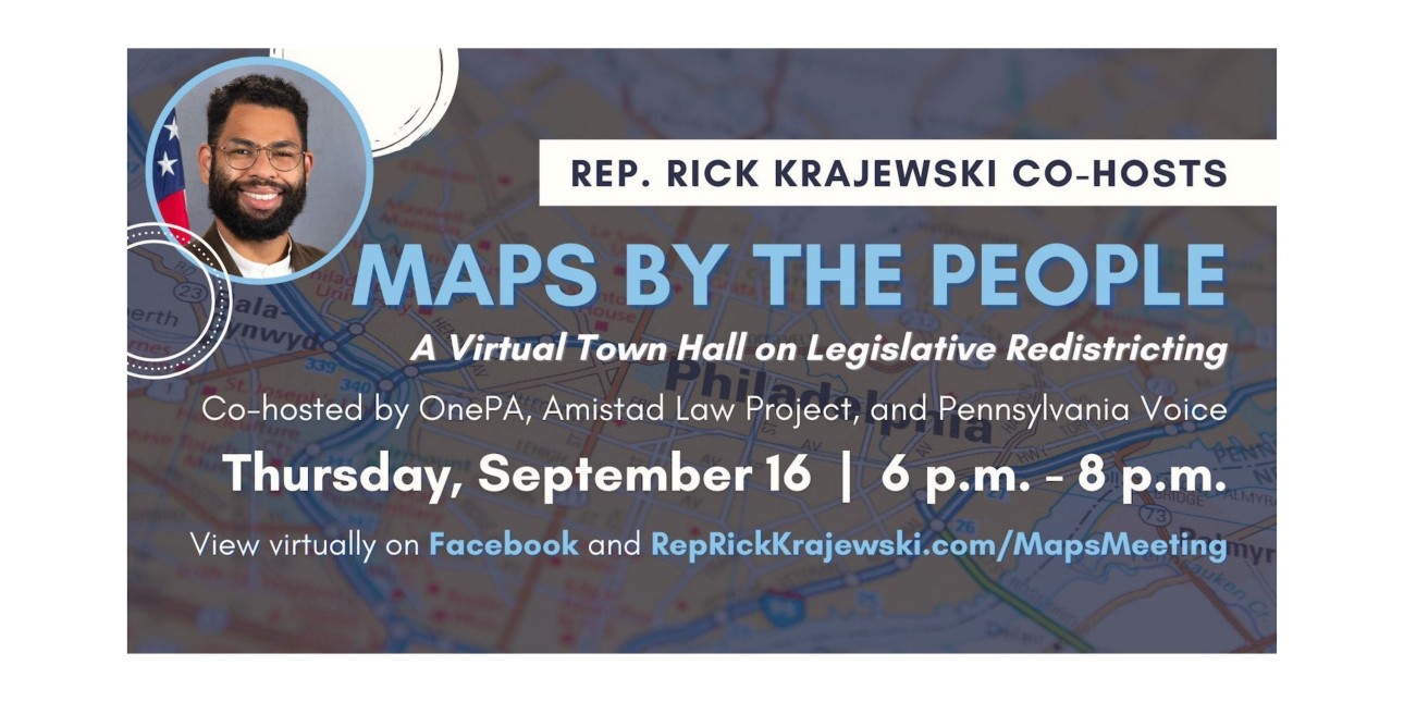 Image shows the face of State Represenative Rick Krajewski and reads 'Maps By The People': A Virtual Town Hall on Legislative Redistricting