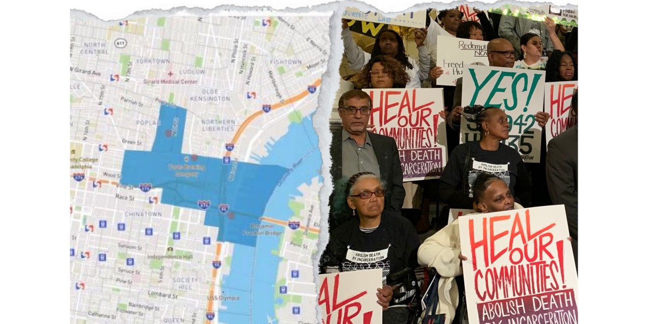 an image shows a community map with blue borders juxtaposed next to a group of family members rallying for parole for lifers holding signs that say 'heal our communities'