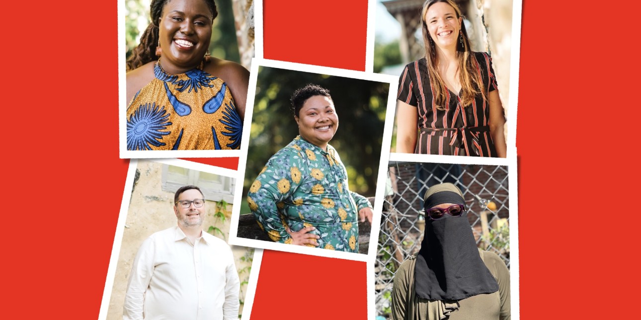 a collage on a red background shows five photographs of different Amistad staff