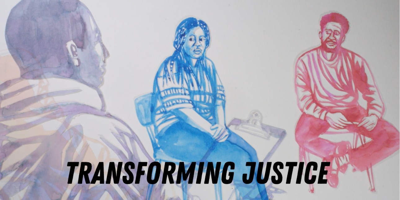 An image shows an animation of three people seated and facing each other with the words Transforming Justice transposed over the image