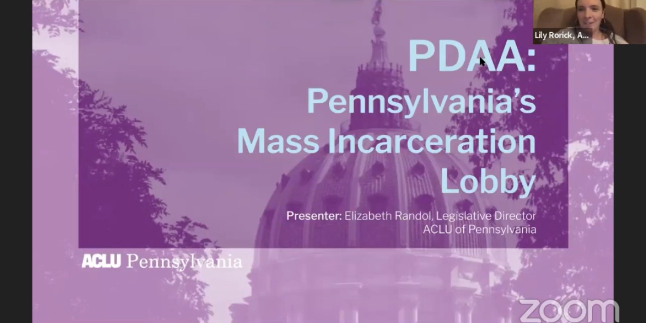 A purple image shows the top of the capitol in Harrisburg and reads 'PDAA: Pennsylvania's Mass Incarceration Lobby 