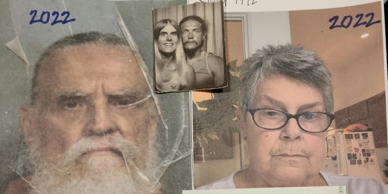 An collage shows an elderly incarcerated white man with a beard next to his loved one. A picture shows them as young people