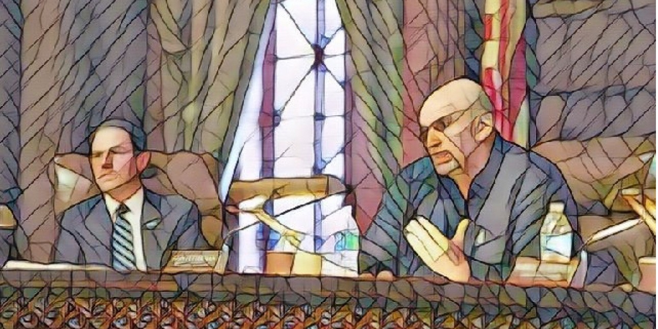 A stylized mural like photo shows John Fetterman and Attorney General Shapiro at the Board of Pardons