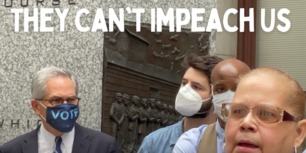 a graphic shows Mrs Dee Dee and Larry Krasner with the words 'They Can't Impeach Us