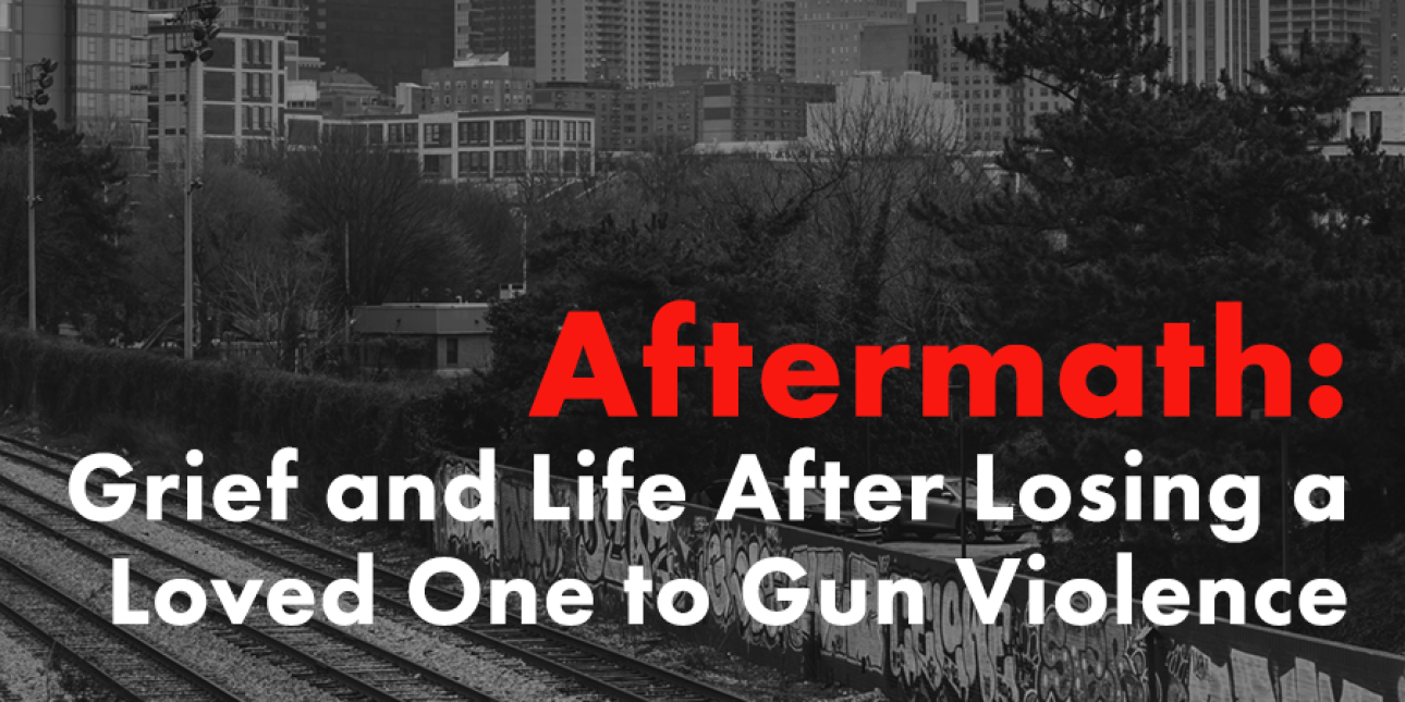 A graphic that readsAftermath: Grief and Life After Losing a Loved One to Gun Violence, over a grey picture of a Philadelphia's skyline with clouds overhead. The Move it Forward podcast logo, in red, is in the upper lefthand corner. 