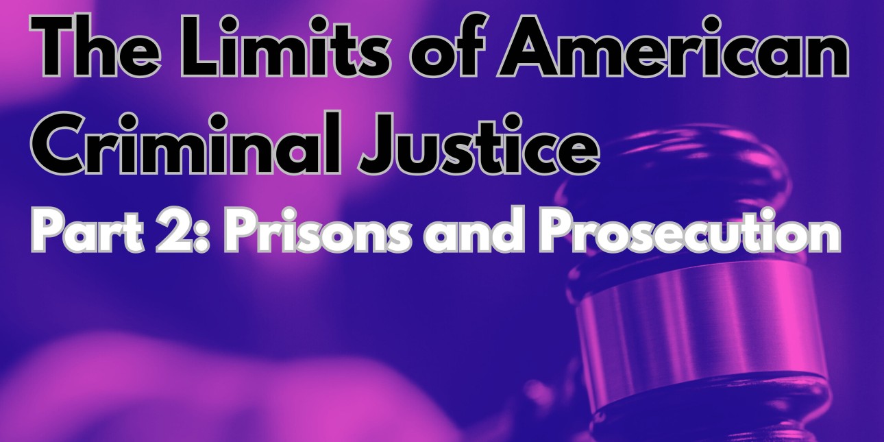 an image shows a gavel in duotone pink and purple and reads 'limits of american criminal justice part 2: prisons and prosecution