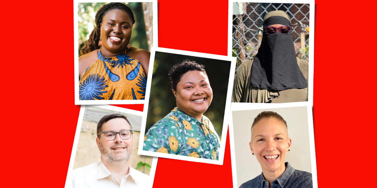 a collage on a red background shows five photographs of different Amistad staff