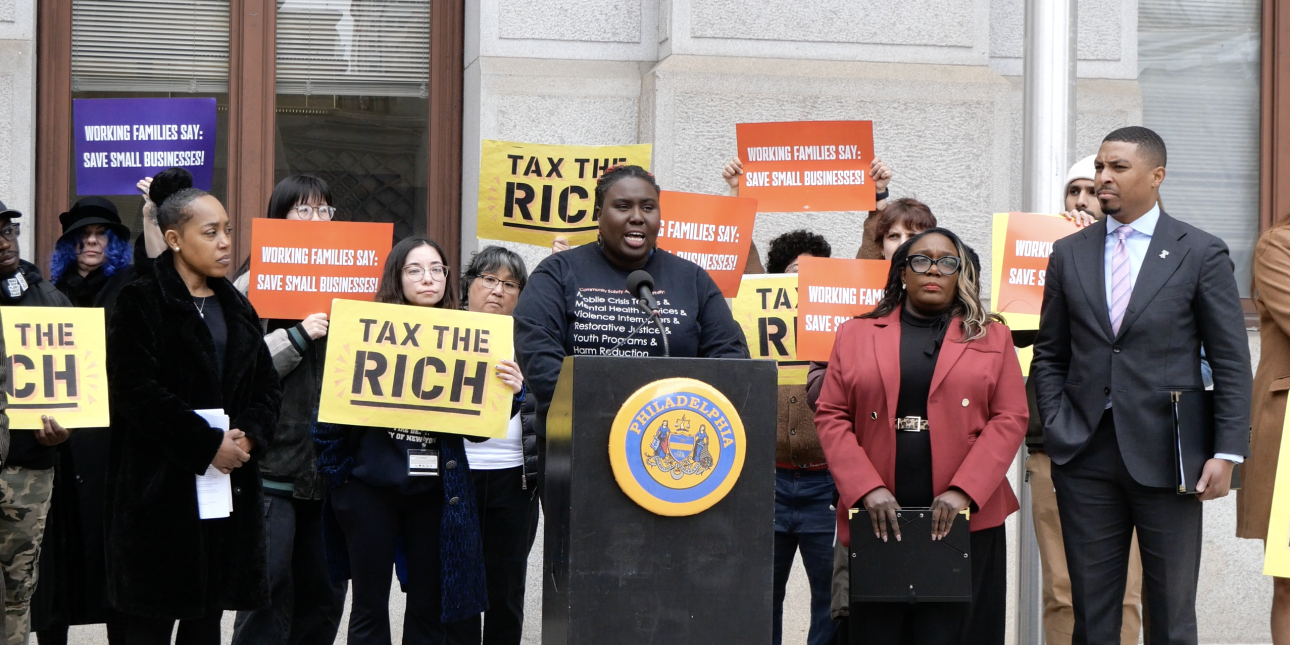 Nikki Grant speaks at a press conference calling for a people's budget