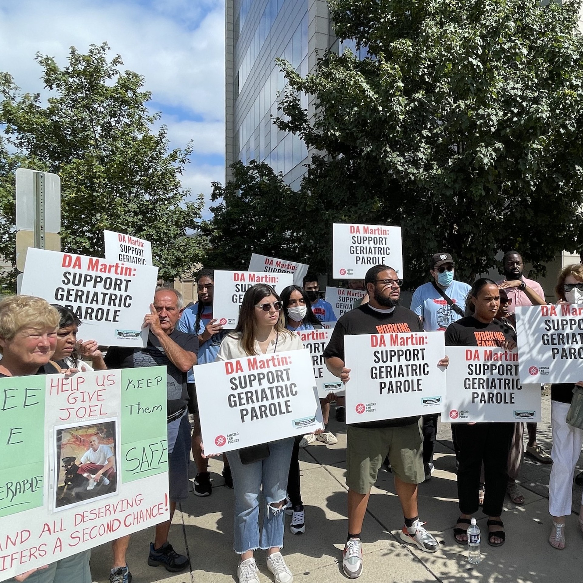 a crowd gathers to call on Lehigh County DA Jim Martin to support elder parole
