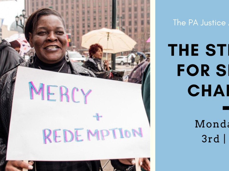 A graphic shows Marthea Brown holding a sign that says Mercy and Redemption and has text that reads 'The Struggle for Second Chances
