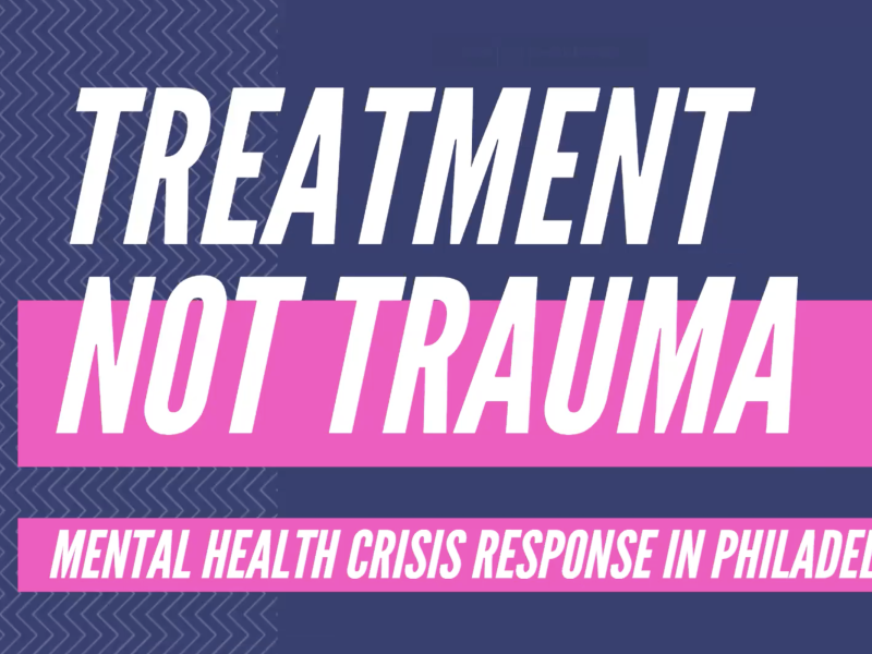 A screenshot shows a zoom meeting with a slideshow presenting a slide that reads 'Treatment Not Trauma: Mental Health Crisis In Philadelphia'