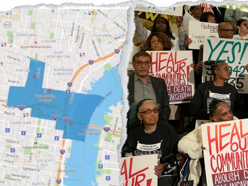 an image shows a community map with blue borders juxtaposed next to a group of family members rallying for parole for lifers holding signs that say 'heal our communities'