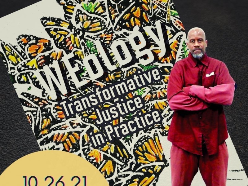 Image shows a man standing in a prison jumpsuit in front of a book that reads 'WEology: Transformative Justice in Practice' and which features a number of butterflies on the cover. Graphic also reads '10.26.21' book release and panel'