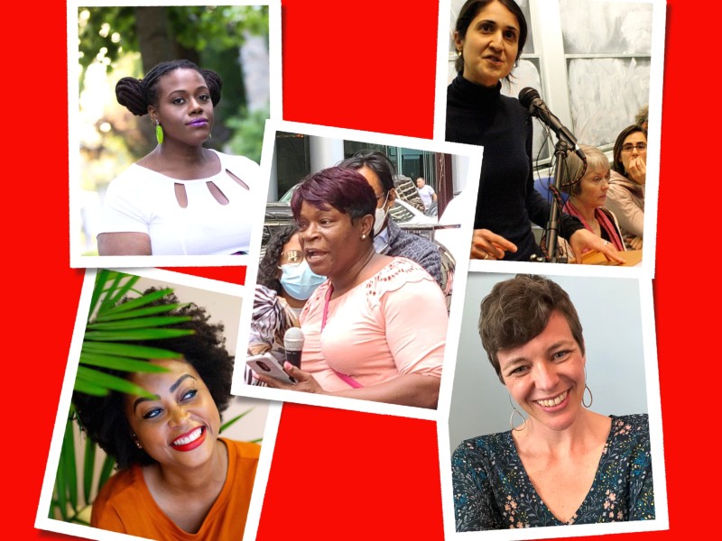 a collages on a red background displays pictures of all 5 of Amistad's Board members