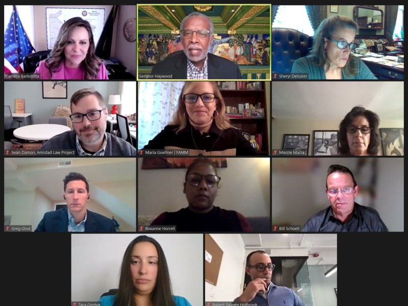 A screenshot shows many participants in a zoom meeting of the Criminal Justice Reform Caucus
