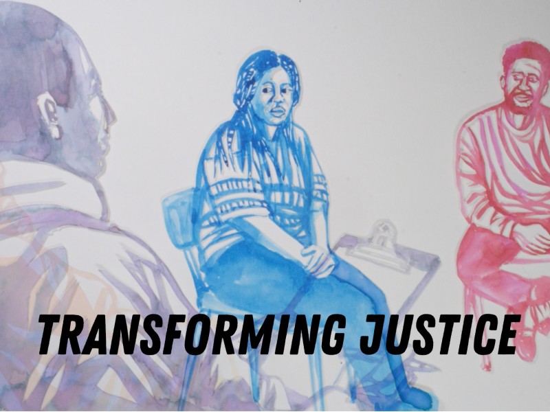 An image shows an animation of three people seated and facing each other with the words Transforming Justice transposed over the image