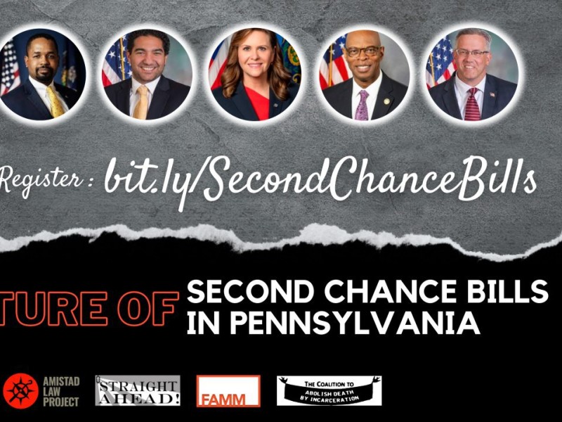 A flyer shows photos of  Senators Street and Bartolotta, and Representatives Kinsey, Kail and Jones and reads 'The Future of Second Chance Bills In Pennsylvania April 14 6:30