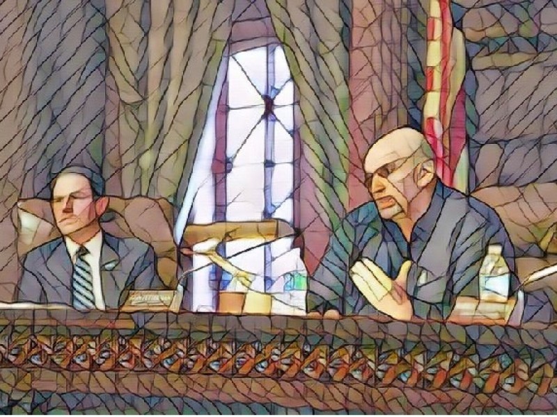 A stylized mural like photo shows John Fetterman and Attorney General Shapiro at the Board of Pardons