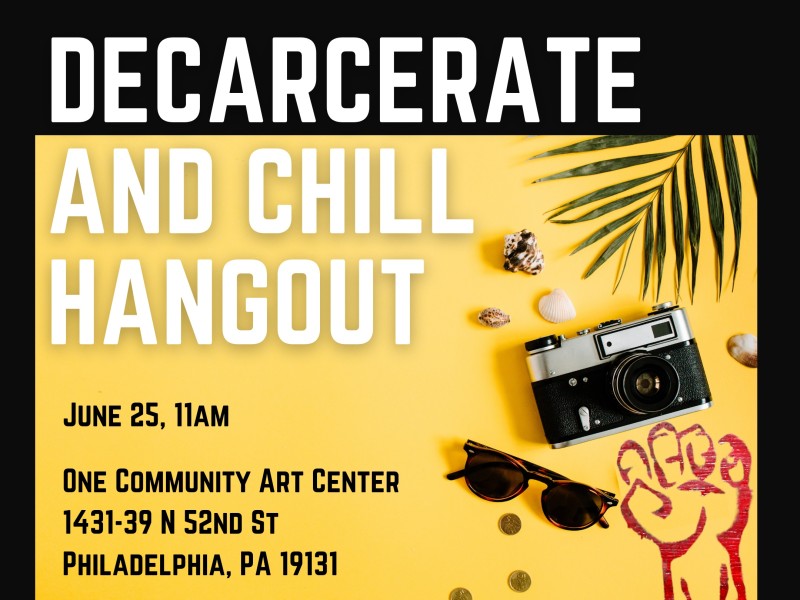 a graphic shows a camera and sunglasses and a tropical plant leaf on a yellow background with a red fist and says 'Decarcerate and Chill Hang Out' 