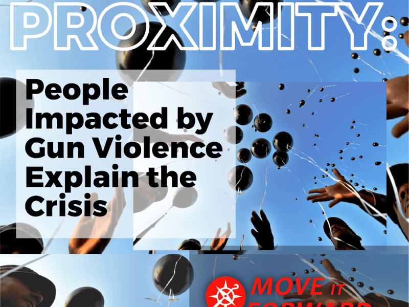 Hand lets go of balloons with text overlaying it that reads 'Proximity: People Impacted by Gun Violence Explain the Crisis'