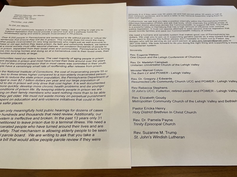 an image shows a printed out letter to DA Jim Martin signed by numerous Lehigh Vallery faith leaders