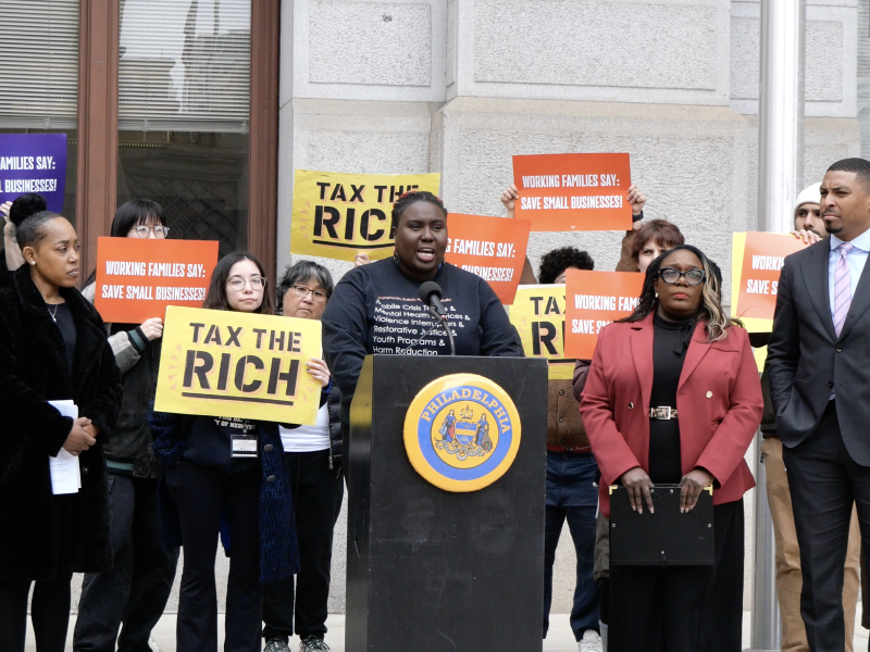Nikki Grant speaks at a press conference calling for a people's budget
