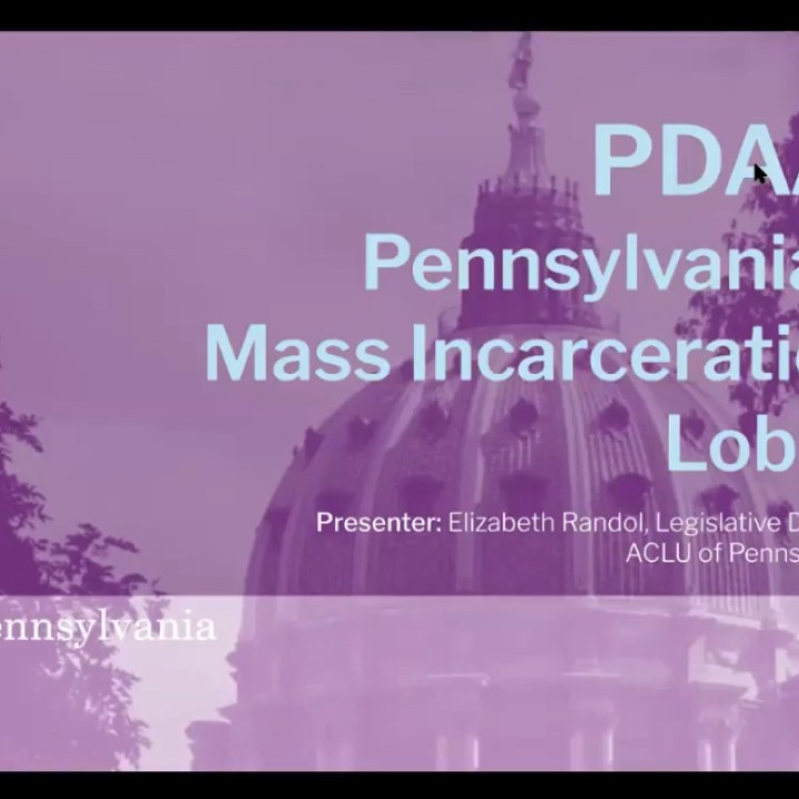 A purple image shows the top of the capitol in Harrisburg and reads 'PDAA: Pennsylvania's Mass Incarceration Lobby 
