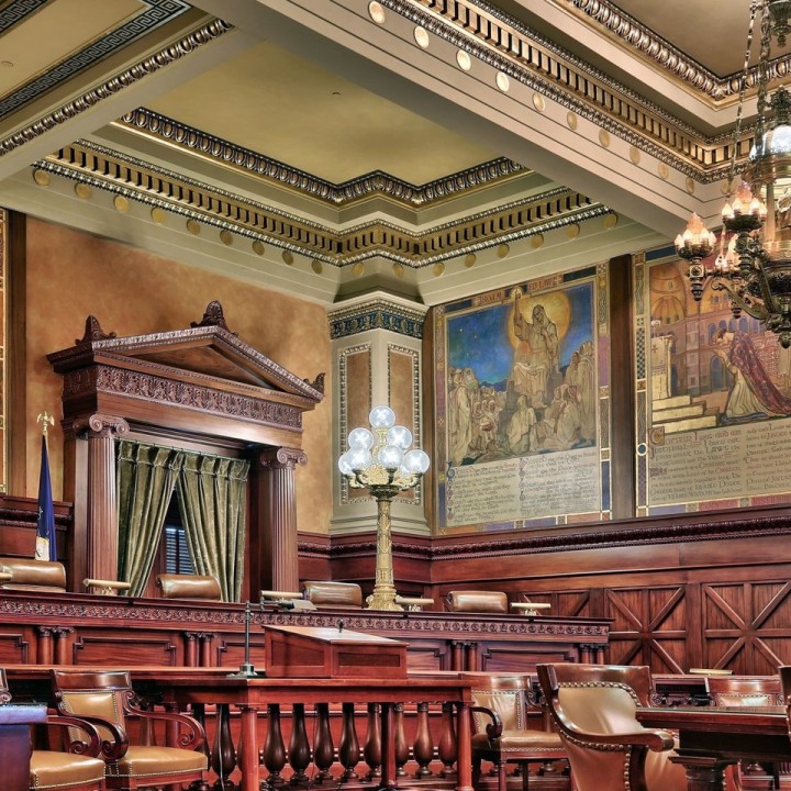 an image shows the empty seats in the PA Supreme Court where the Board of Pardons usually sits