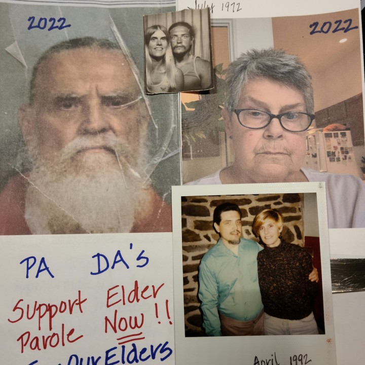 An collage shows an elderly incarcerated white man with a beard next to his loved one. A picture shows them as young people