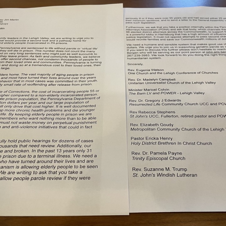 an image shows a printed out letter to DA Jim Martin signed by numerous Lehigh Vallery faith leaders