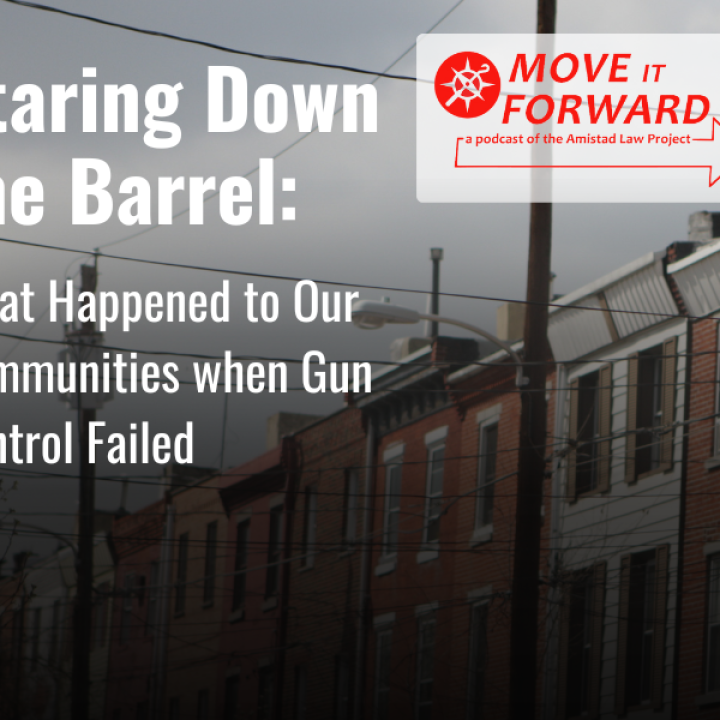 A graphic that reads Staring Down the Barrel: What Happened to Our Communities when Gun Control Failed, over a grey picture of a row of Philadelphia rowhomes. The Move it Forward podcast logo, in red, is in the upper righthand corner. 