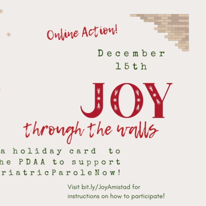 Tan graphic with holiday items like gingerbread, bells, dreidels, ribbons, and candy hanging on the lefthand above #FreeOurElders. On the righthand side it says: Online Action! December 15th joy through the walls. Make a holiday card to tell the PDAA to support #GeriatricParoleNow! Visit bit.ly/JoyAmistad for instructions on how to participate!