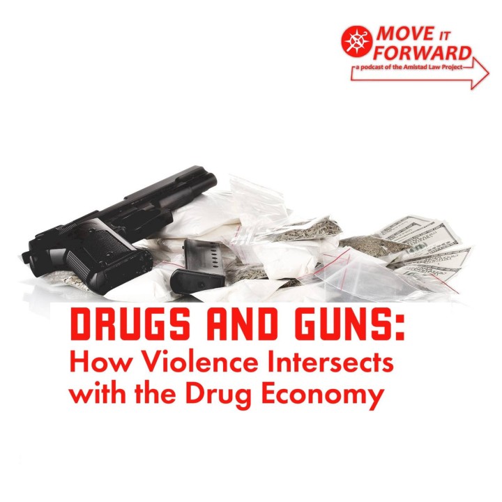 an image shows a handgun and a pile of drugs and money and reads 'Drugs and Guns: How Violence Intersects with the Drug Economy;