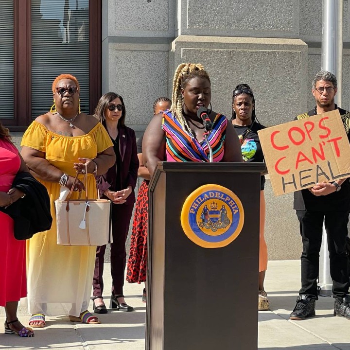 Nikki Grant speaks at a press conference demanding increased funding for mobile crisis response