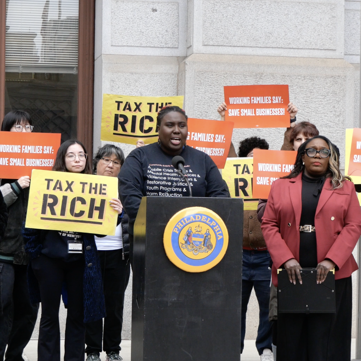 Nikki Grant speaks at a press conference calling for a people's budget